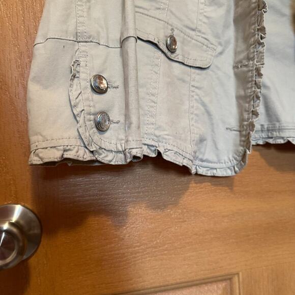 Fitted Ruffle Beige Khaki Jacket Clear Rhinestone Gem Button Up - Size M - Picture 5 of 15